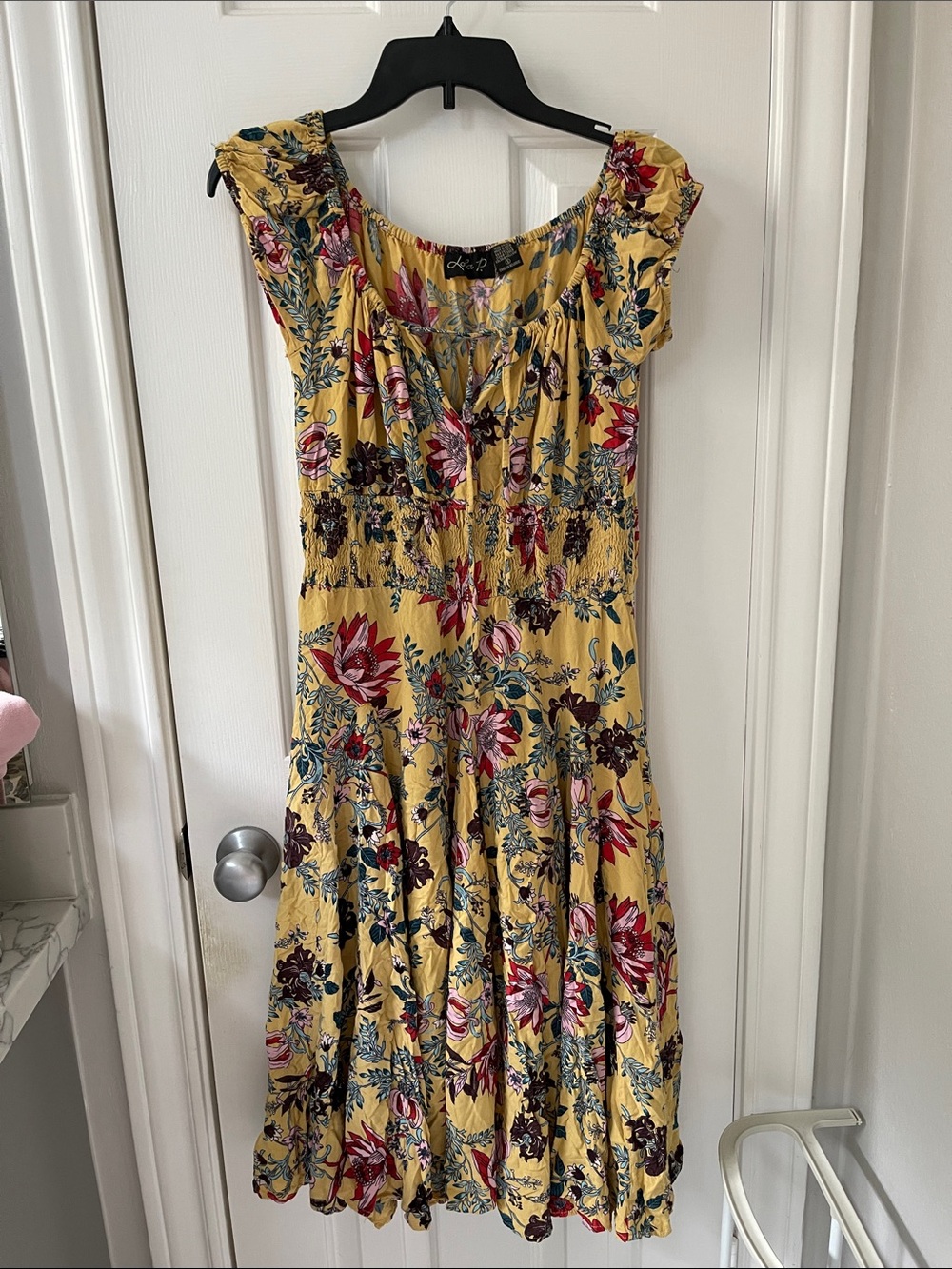Floral Yellow Midi Dress with Ruffle Shoulders